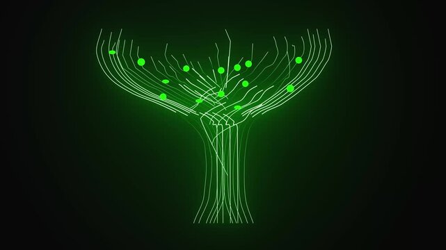 Abstract glowing white lines forming funnel shape with green dots. Technical abstract glowing white lines forming funnel shape for data logs. Modern abstract glowing white lines forming funnel shape.