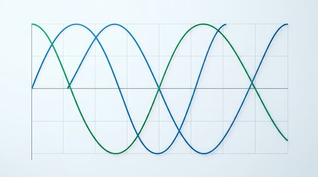 Three intersecting sine and cosine wave lines on a grid graph. Minimalist mathematical diagram with blue and green curves on white background