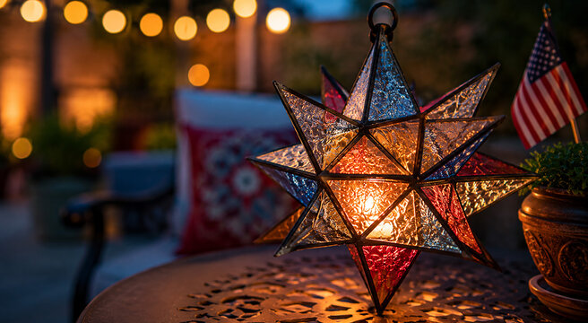 Decorative star shaped lantern glowing on table at night with small american flag for home decor.
