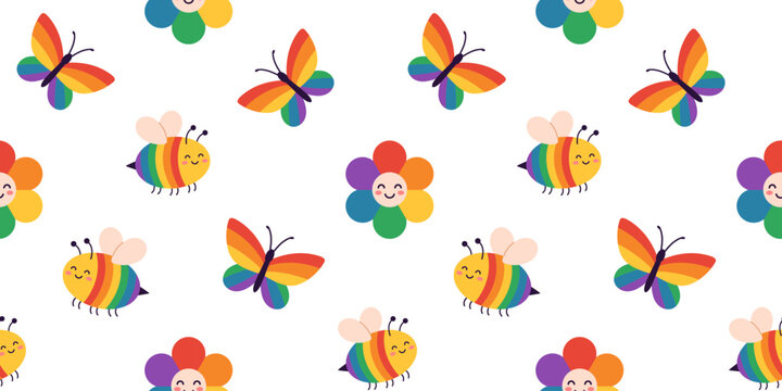 Cute LGBTQ pride seamless pattern with rainbow bees, butterflies, and smiling flowers. Vector flat cartoon repeating illustration for textile, wallpaper, wrapping paper, kids and fabric design.
