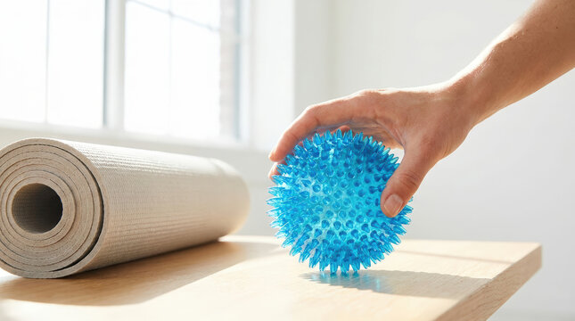 Hand holding blue spiky massage ball on wooden table. Trigger point release tool next to yoga mat