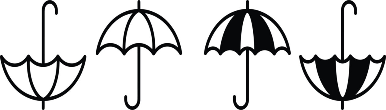Black and white vector illustration of a fish with umbrella protection in rainy weather on abstract background
