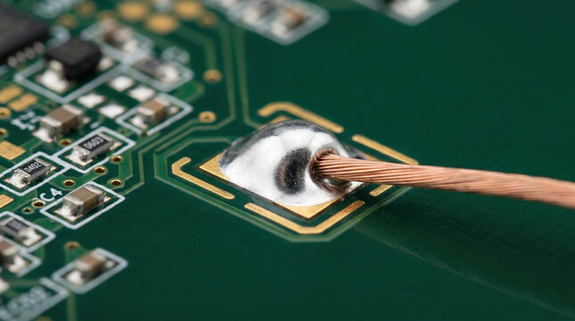 Close up of a shiny silver solder joint on a dark green circuit board. Copper wire soldered to a square gold pad. Microelectronics assembly and engineering