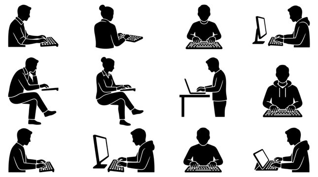 Silhouette icons of people working on computers in various office settings.