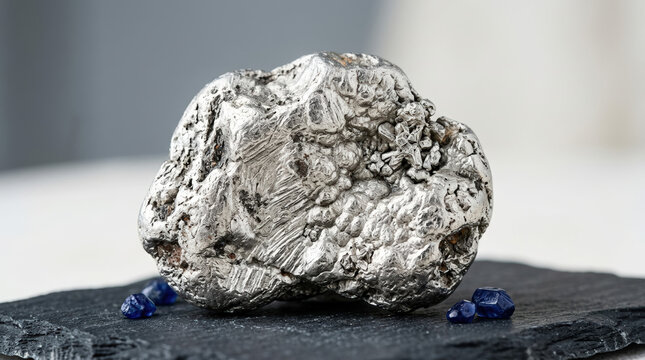 Raw platinum nugget with blue sapphire crystals on a slate tile. Unrefined precious metal and gemstone specimen. Heavy element geological sample