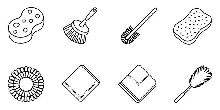 Cleaning supplies icons featuring sponge, scrub brush, toilet brush, duster, microfiber cloth, and dishcloth for household design.