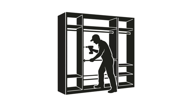 A man assembling shelving unit with drill.