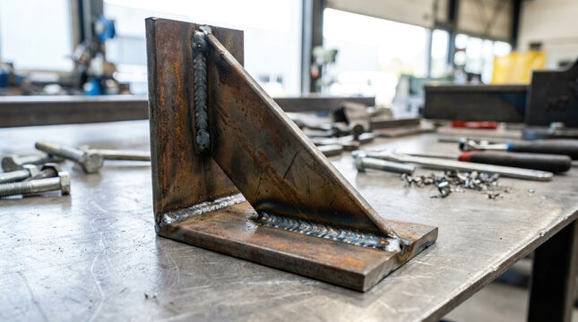 Heavy duty welded steel support bracket on a workshop table. Industrial metal fabrication and welding detail. Angle iron gusset plate