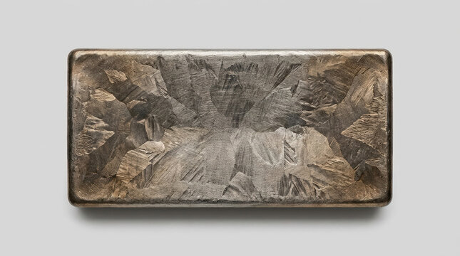 Top view of a rectangular metal ingot with crystalline surface texture. Raw zinc or bismuth bar on grey background. Industrial metallurgy concept
