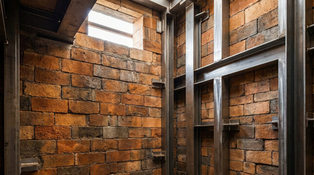 Interior of an industrial furnace with refractory brick walls. Heavy steel beam reinforcement framework. High temperature kiln chamber