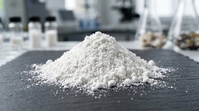 Textured white gypsum powder pile on a black slate plate. Close up of mineral substance in a laboratory setting