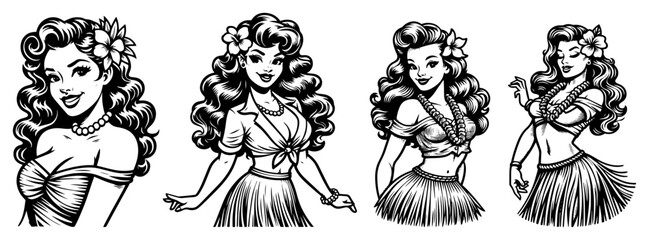 Vintage Hawaiian hula girl pinup vector set, tropical island women with hibiscus flowers and grass skirts, black and white retro aesthetic illustration © JakubVectorSketch