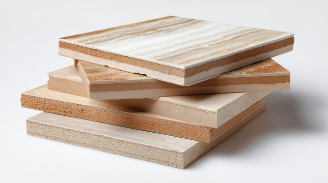 Stack of marble-pattern foam-core panels showing layered cross-sections on white studio backdrop