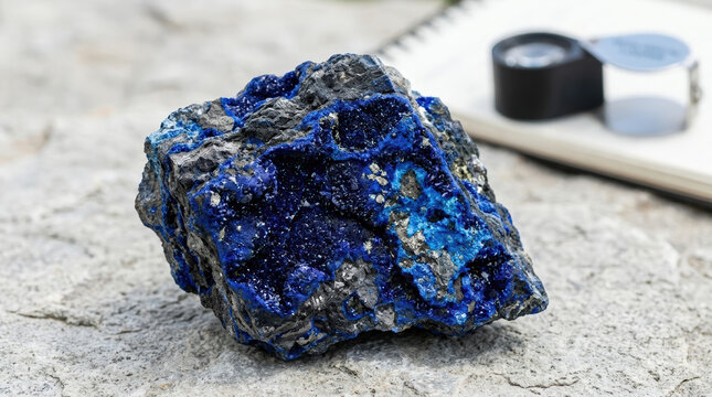 Dark blue cobalt ore mineral specimen in the field. Rough geological stone with magnifying loupe and notebook. Science and exploration concept
