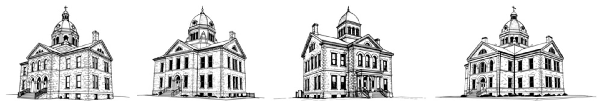 Classic courthouse or government building architecture vector set, historic capitol dome sketches, black and white legal or institutional design