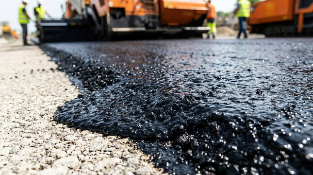 Close-up of thick black liquid asphalt tar on gravel. Road paving process with construction machinery in the background