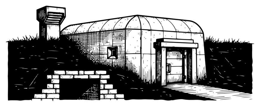 Military concrete bunker shelter vector illustration, underground fallout vault or fortified base sketch, black and white survival safety design