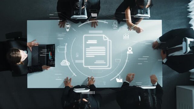 Aerial view of a modern business meeting featuring virtual reality headsets, digital interfaces, and engaged professionals collaborating in a sleek office setting. Raster
