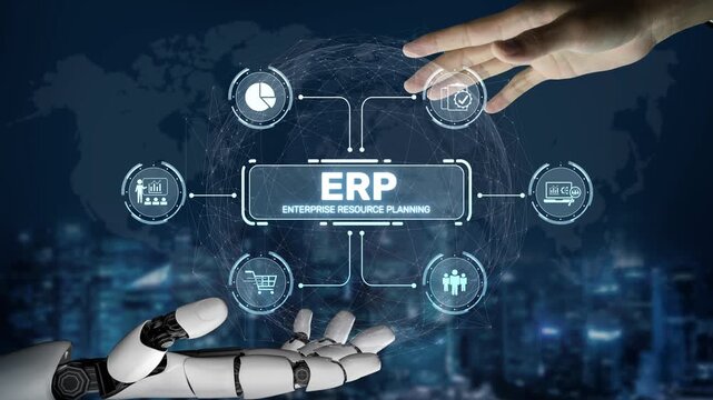 ERP platform visual showing centralized system for enterprise resource planning, improving integration, data flow, business efficiency, finance, inventory, and human resources. Muxer