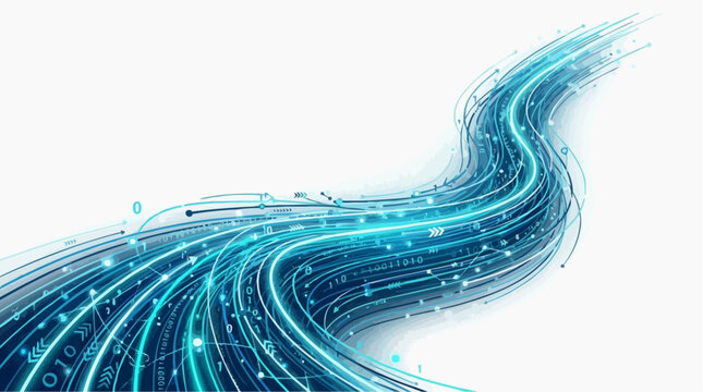 Abstract digital data stream with binary code and glowing blue light trails on white background representing technology and information flow