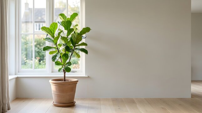 A fiddle leaf fig plant sits in a pot by a window in a bright room. Sunlight comes in through the glass, showing the greenery of the plant and wooden floor