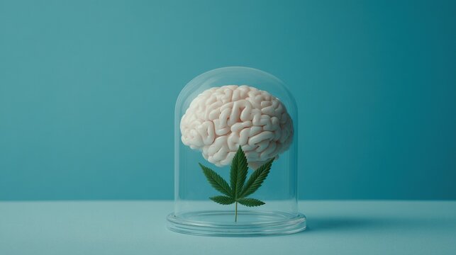 A brain model inside a glass dome with a marijuana leaf beneath it against a blue background, symbolizing the relationship between cannabis and brain function.