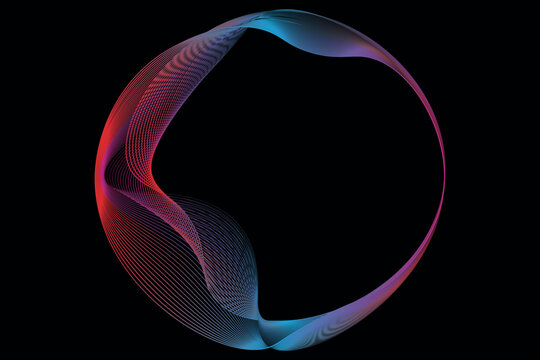 Vector abstract circles lines wavy in round frame colorful spectrum light isolated on black background with empty space for text in concept technology, digital. Eps10