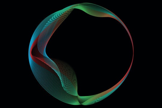 Vector abstract circles lines wavy in round frame colorful spectrum light isolated on black background with empty space for text in concept technology, digital. Eps10