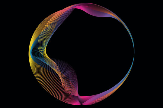 Vector abstract circles lines wavy in round frame colorful spectrum light isolated on black background with empty space for text in concept technology, digital. Eps10