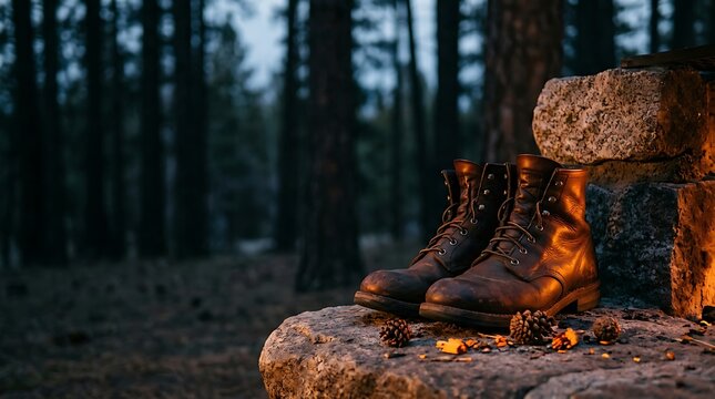 Brown leather boots resting on a rock in a dark pine forest