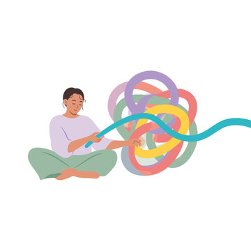 Modern Bright Vector Illustration Of Calm Person Untangling Abstract Knot Into Smooth Line On White Background For Mental Clarity, Emotional Reset And Reducing Complexity Concept