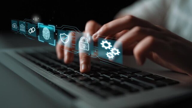 Hands Typing on Keyboard with Digital Icons Representing Security and Technology for Cyber Protection and Data Privacy Concepts. Entropy.