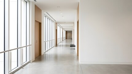 Fototapeta premium A long hallway stretches with wooden doors on one side and large windows allowing sunlight in. A simple bench sits on one side under bright light