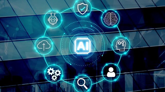 Modern Artificial Intelligence Concept with Circuit Design and Icons Representing Technology, Cloud, Data, Security, and Innovation on Urban Background. Entropy.