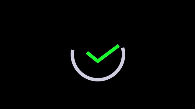Green check mark on black background, checkmark animation symbol, yes approve choice, approved tick mark, verified symbol, yes icon, check mark flat style