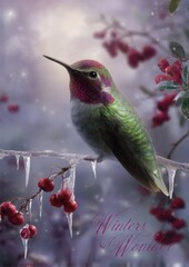 Fototapeta premium Hummingbird perched on icy branch with red berries
