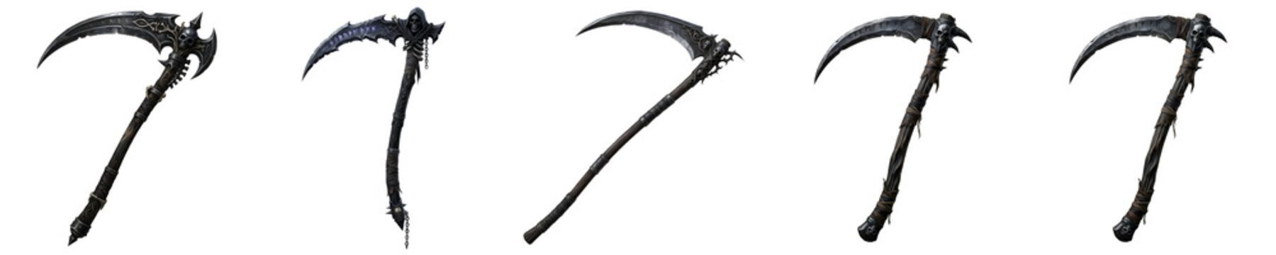 Set of Fantasy Grim Reaper Scythes and Dark Medieval War Sickles Isolated on White Background. RPG Game Weapon Assets, Gothic Death Scythe Props, and Combat Gear Elements