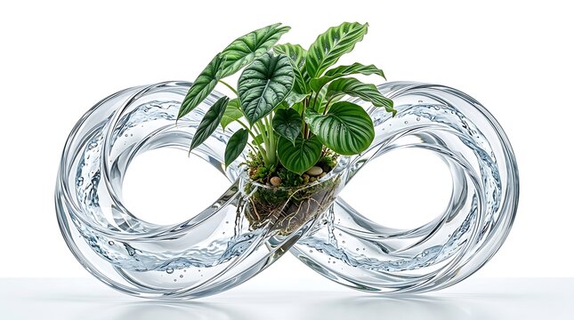 Lush green tropical plant growing inside a clear glass infinity symbol filled with swirling water