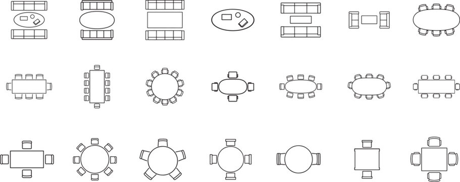 Furniture floor plan layout set with chairs tables and sofas, top view architectural vector icons.