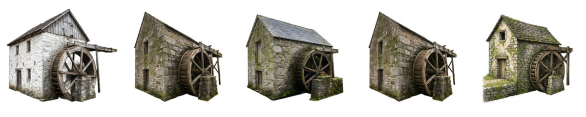 Set of Vintage Watermills and Old Stone Water Mill Buildings Isolated on White Background. Antique Historical Architecture, Fantasy RPG Game Assets, and Shed Mockups © Mr Bunk