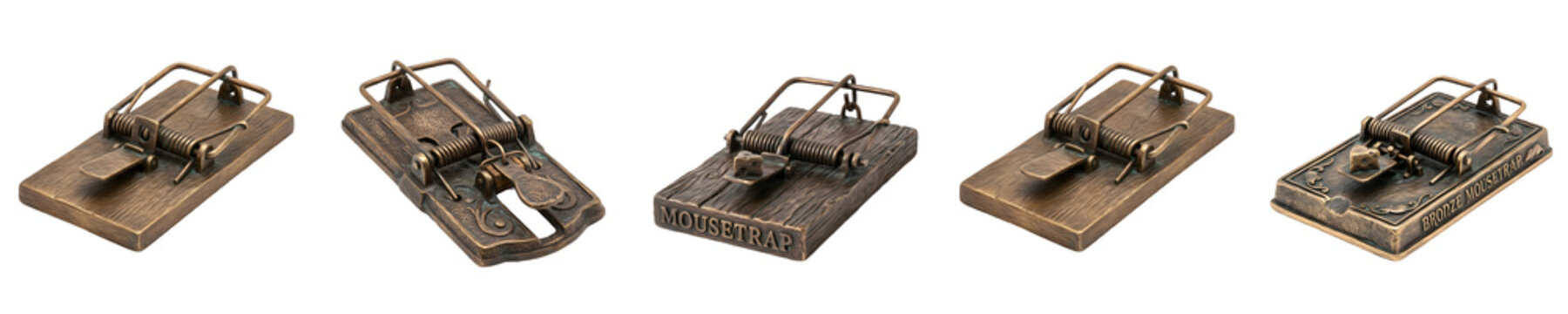Set of Vintage Wooden Mousetraps and Classic Spring Rat Traps Isolated on White Background. Antique Pest Control Equipment, Rodent Catcher Mockup, and Hardware Assets