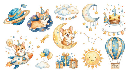 Cute corgi birthday watercolor collection with cosmic baby theme and dreamy accents. Collection of Vector illustrations for invitation, card, poster, banner, decoration  © maria