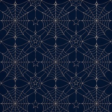 Halloween spider web seamless pattern on dark blue background, gothic celestial stars spooky background vector illustration