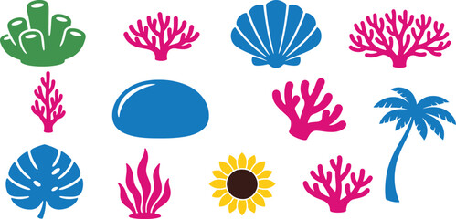 Tropical Marine Nature Elements Vector Set with Coral Palm Tree Shell Leaf Sunflower and Ocean Icons © MD