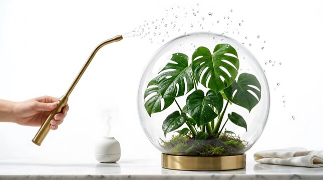 Person watering a healthy green Monstera plant inside a clear glass terrarium with a golden base