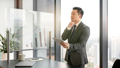Fototapeta premium Businessman Analyzing Financial Charts and Graphs in Modern Office
