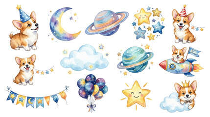 Watercolor space corgi birthday clipart set with celestial elements and pastel party decor. Collection of Vector illustrations for invitation, card, poster, banner, decoration  © maria