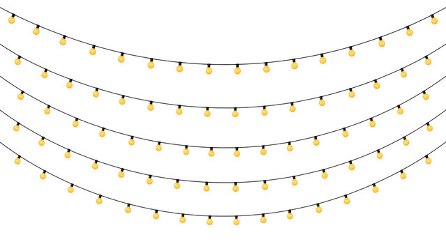 Five glowing warm yellow string light bulbs hanging on isolated white