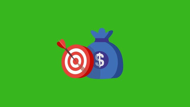 Animated icon showing arrow hitting bullseye center next to blue money bag representing successful financial growth and target achievement strategy for investment goals isolated on clean background.
