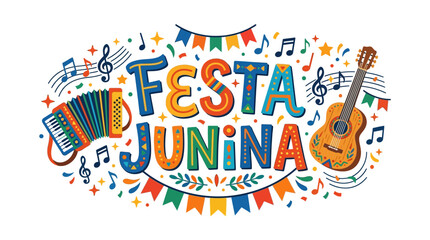 Festive festa junina typography with accordion guitar and flags © Sunday